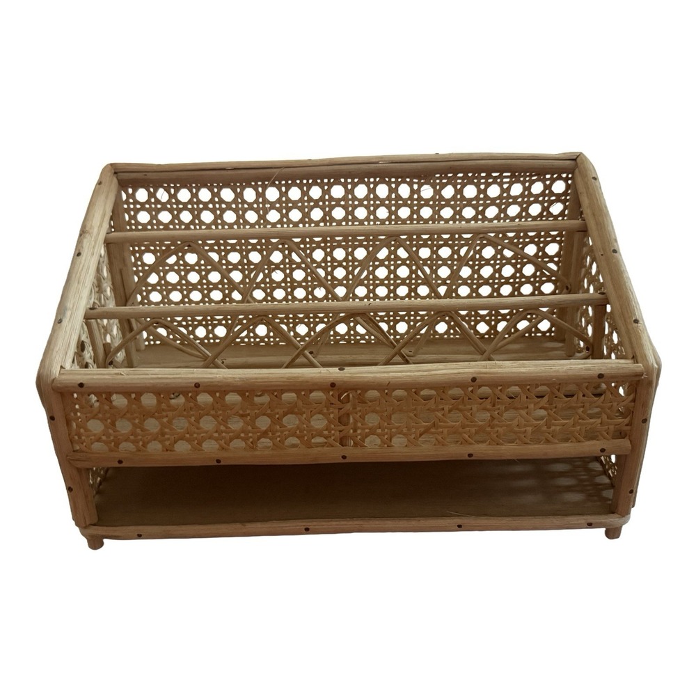 Vintage 70s Wicker Rattan Organizer Basket Shelf Boho Woven Desk Decor Beige